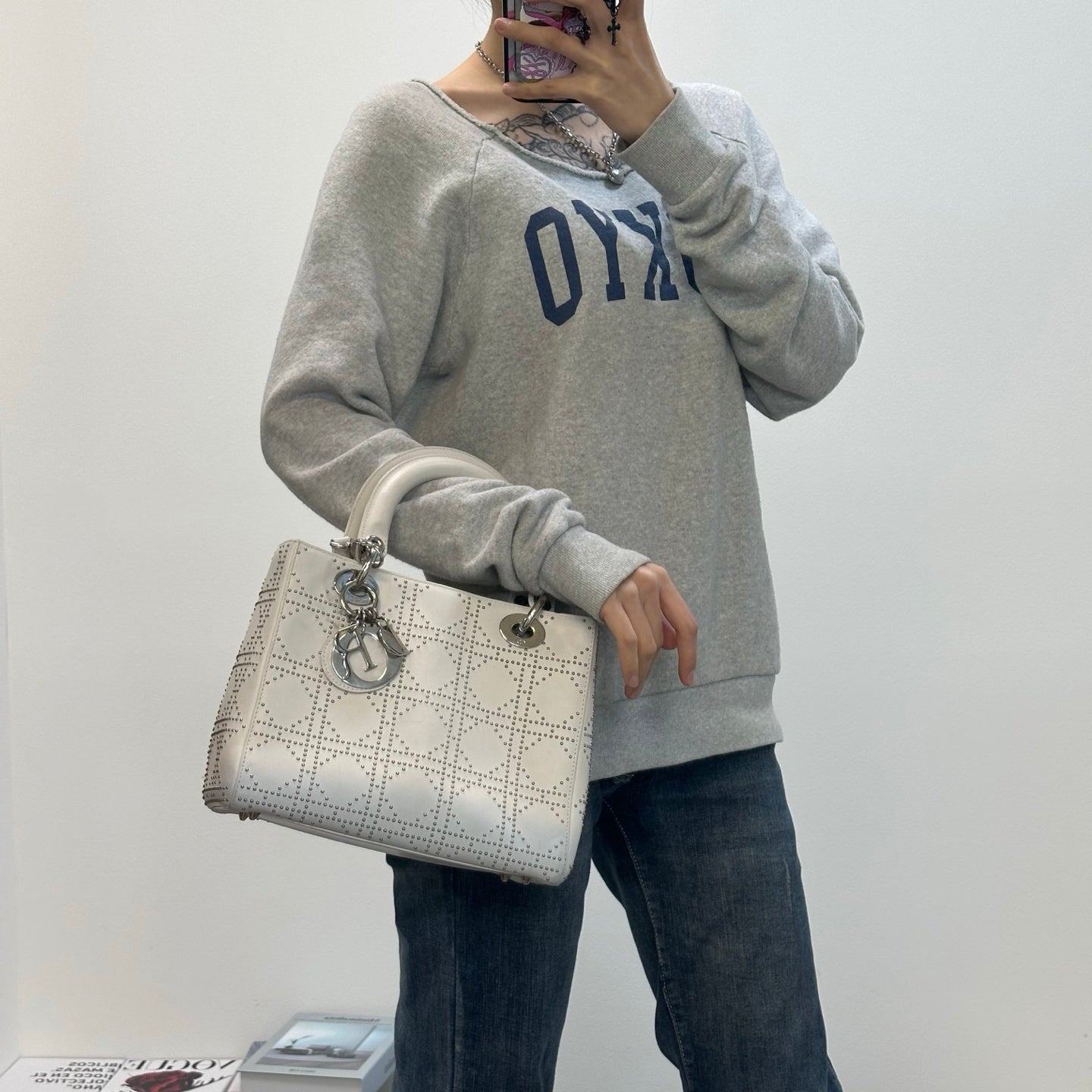 Christian Dior White Cannage Studded Leather Lady Dior Bag [Used]