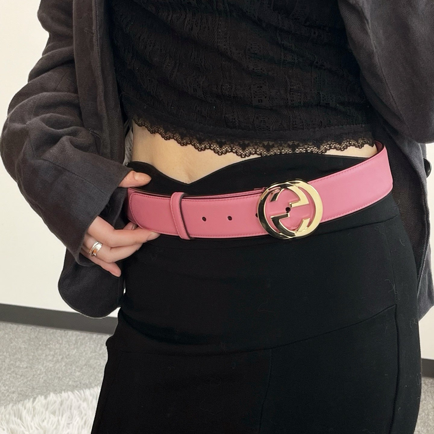Gucci Pink Gold Logo Leather Belt [Unused]