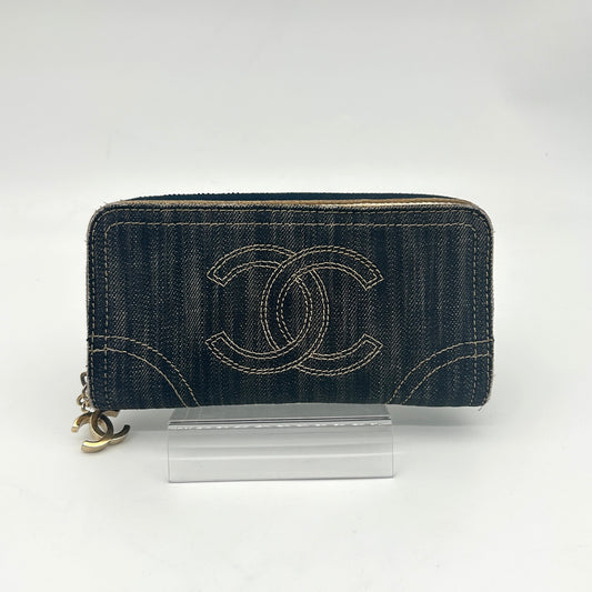 Chanel CC Logo Denim Zip Around Long Wallet Gold Charm [Used]