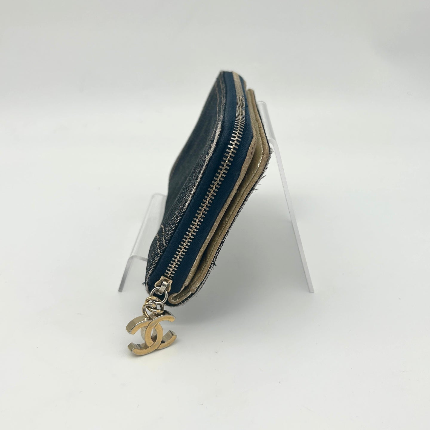 Chanel CC Logo Denim Zip Around Long Wallet Gold Charm [Used]