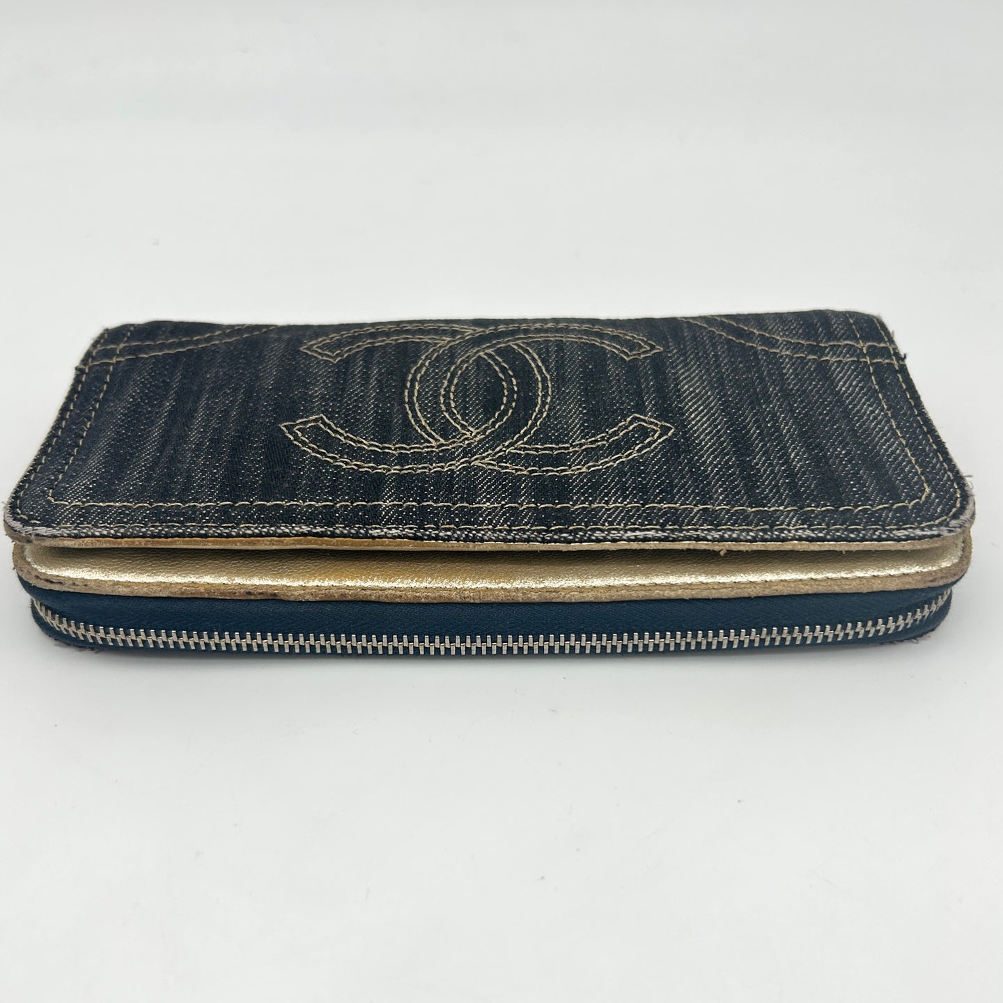 Chanel CC Logo Denim Zip Around Long Wallet Gold Charm [Used]