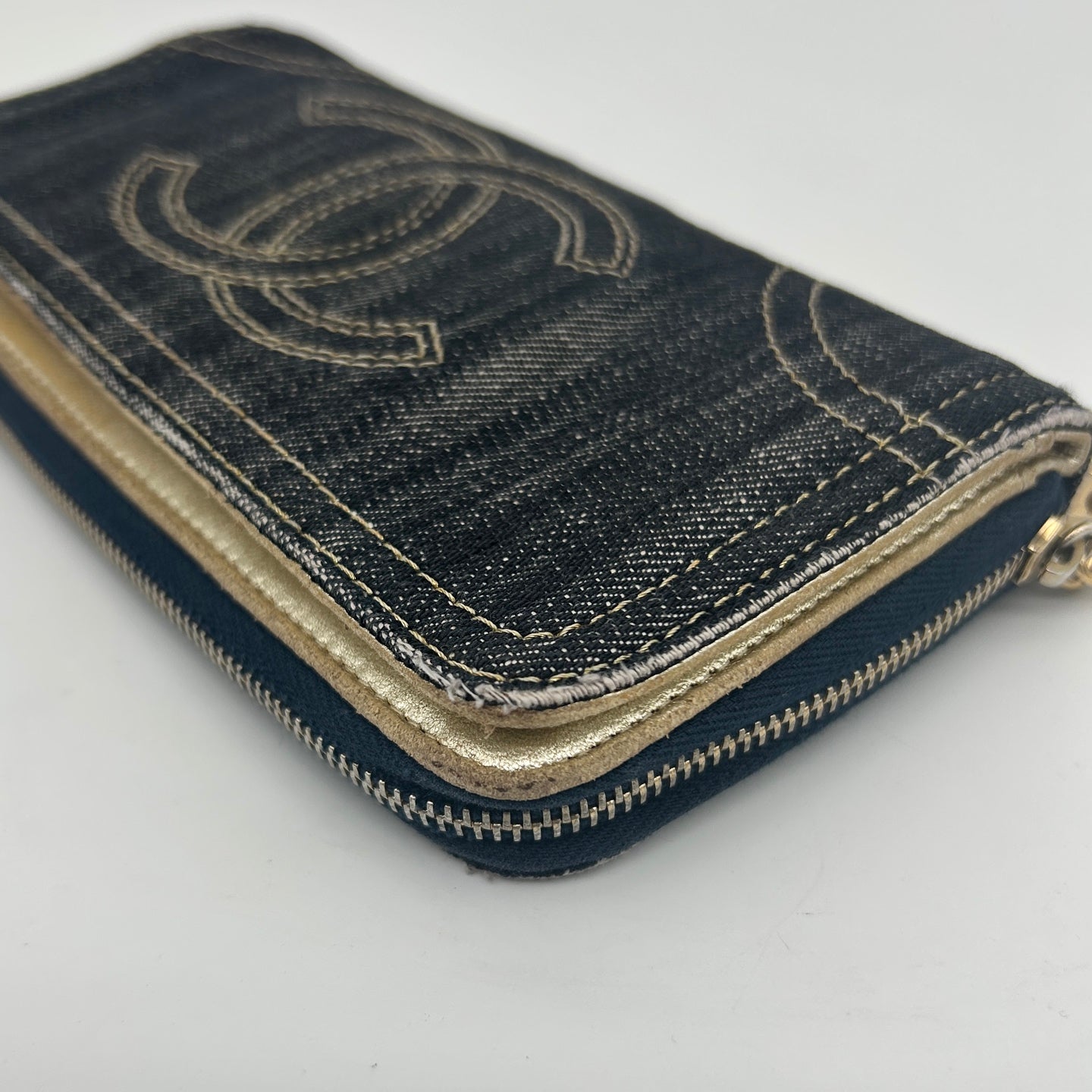 Chanel CC Logo Denim Zip Around Long Wallet Gold Charm [Used]