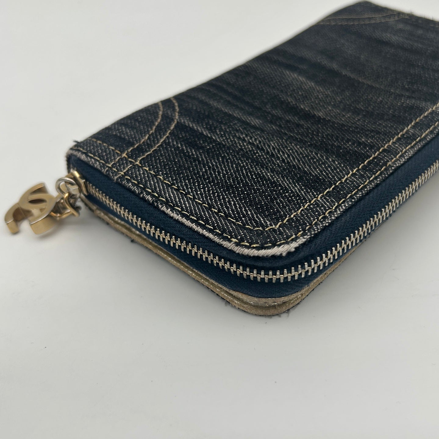 Chanel CC Logo Denim Zip Around Long Wallet Gold Charm [Used]