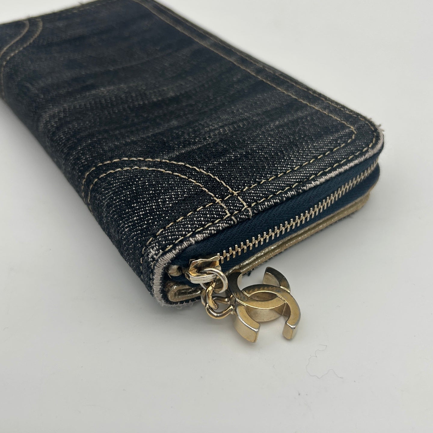 Chanel CC Logo Denim Zip Around Long Wallet Gold Charm [Used]