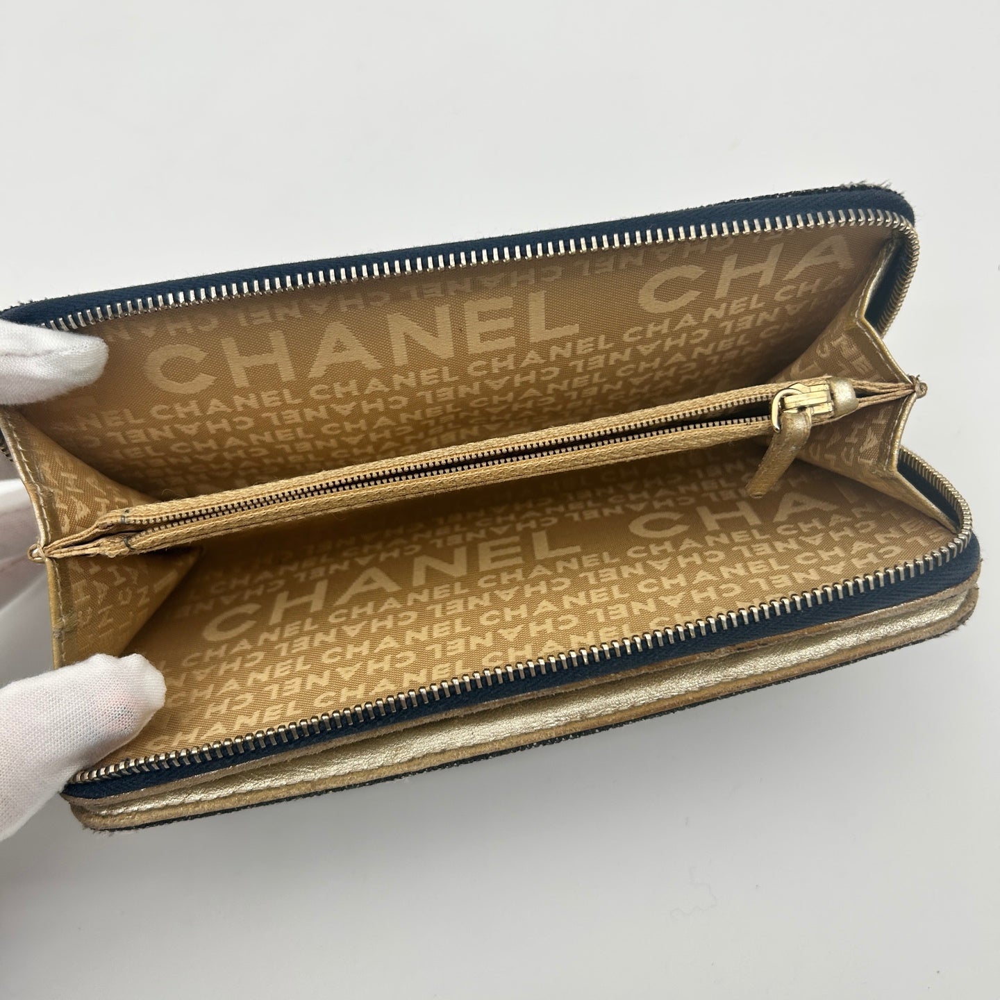 Chanel CC Logo Denim Zip Around Long Wallet Gold Charm [Used]