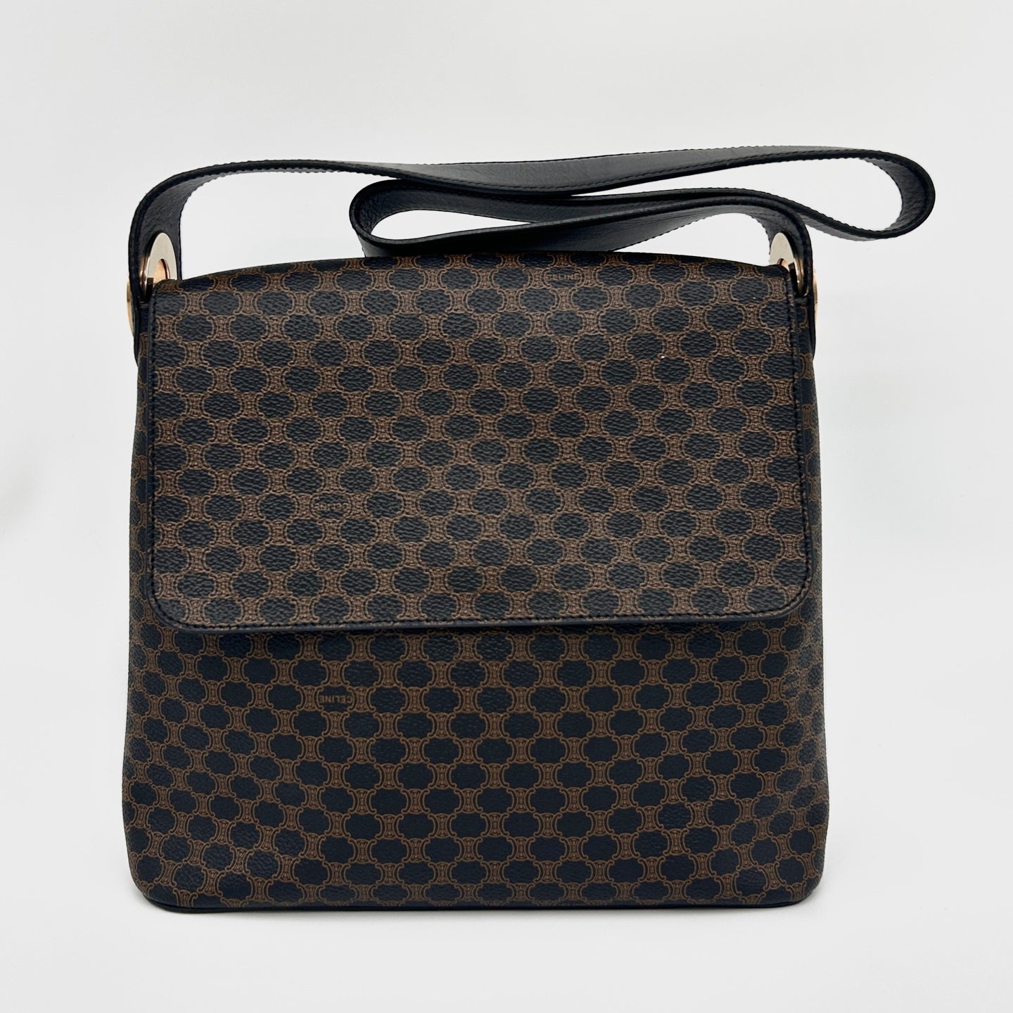 Celine Vintage Black Macadam Canvas Flap Shoulder Bag Gold Ring [Used]