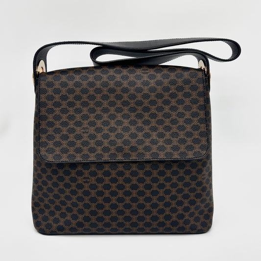 Celine Vintage Black Macadam Canvas Flap Shoulder Bag Gold Ring [Used]