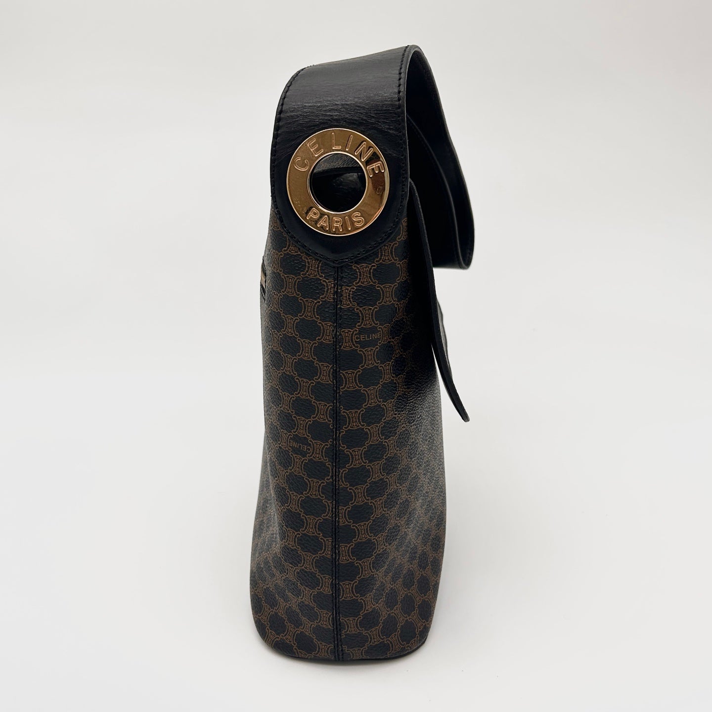 Celine Vintage Black Macadam Canvas Flap Shoulder Bag Gold Ring [Used]