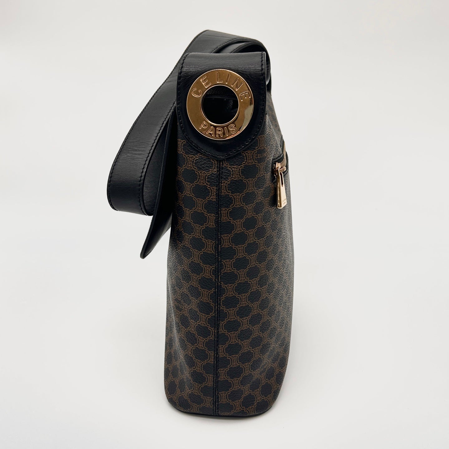 Celine Vintage Black Macadam Canvas Flap Shoulder Bag Gold Ring [Used]