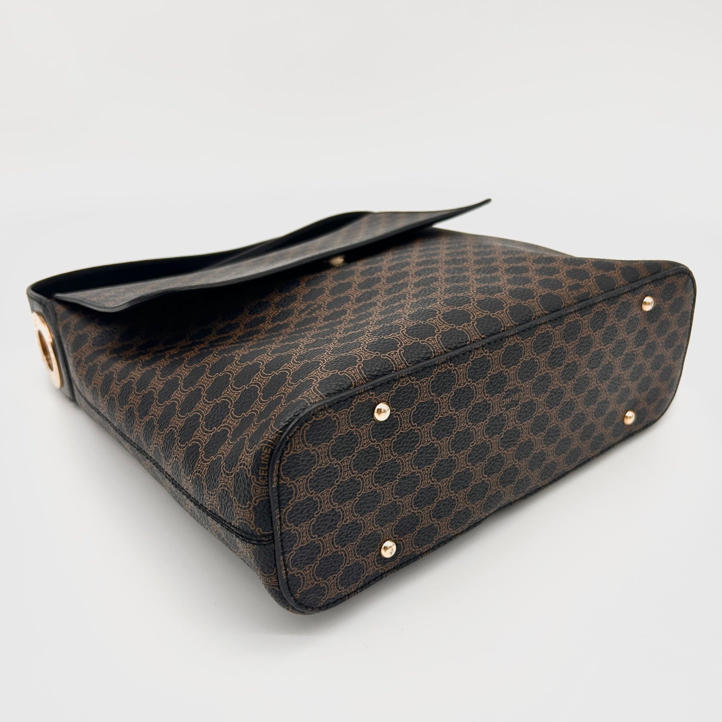Celine Vintage Black Macadam Canvas Flap Shoulder Bag Gold Ring [Used]