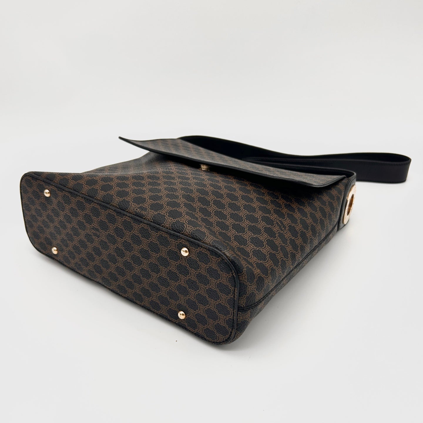 Celine Vintage Black Macadam Canvas Flap Shoulder Bag Gold Ring [Used]