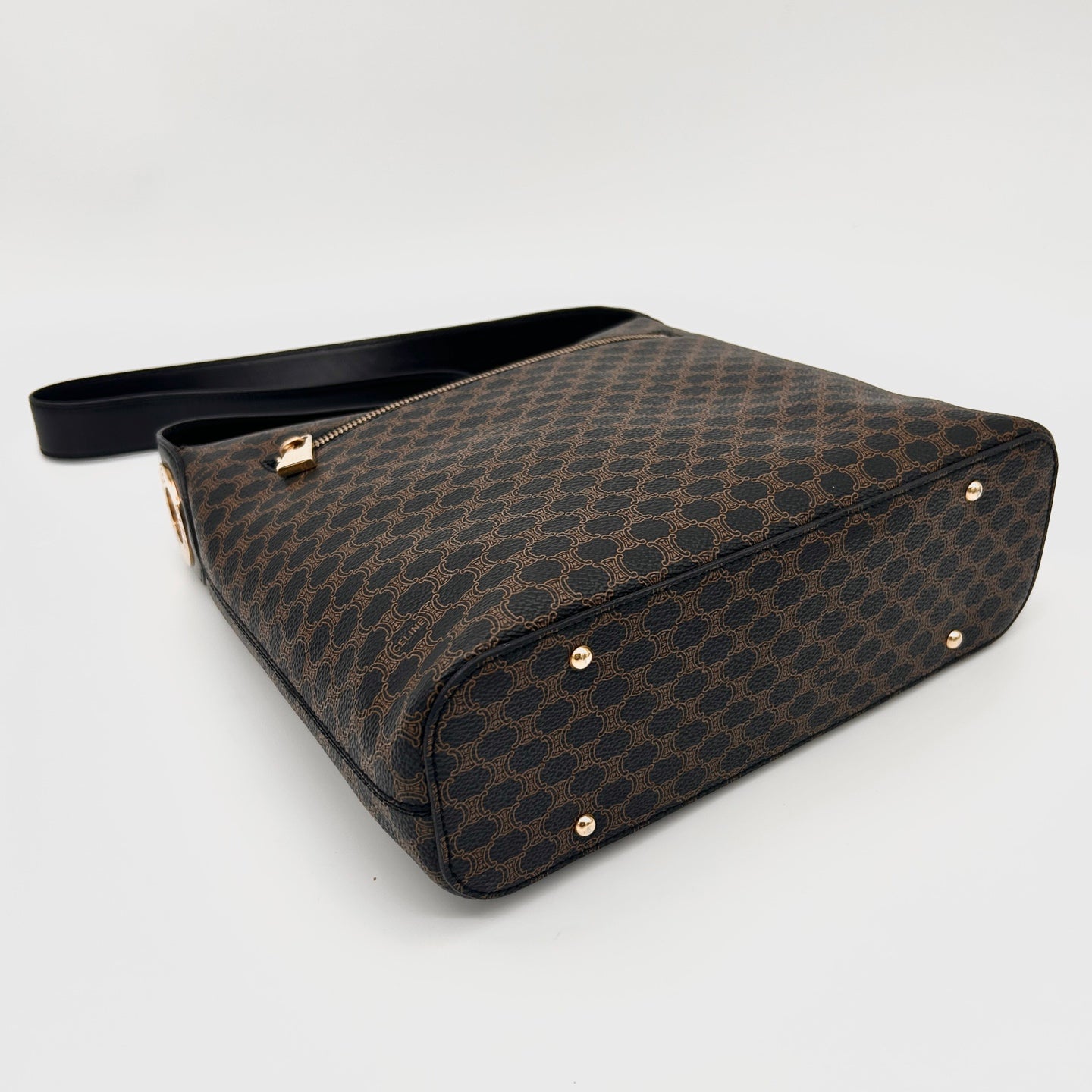 Celine Vintage Black Macadam Canvas Flap Shoulder Bag Gold Ring [Used]