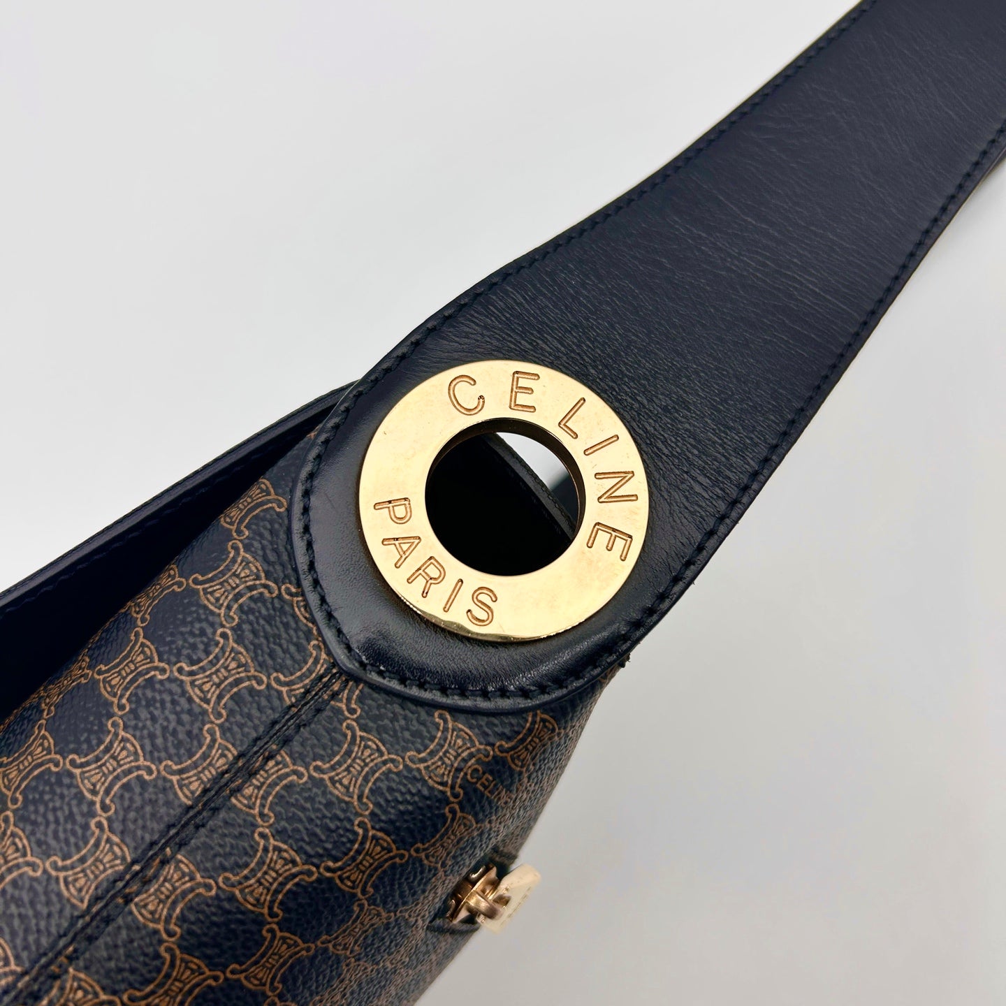 Celine Vintage Black Macadam Canvas Flap Shoulder Bag Gold Ring [Used]