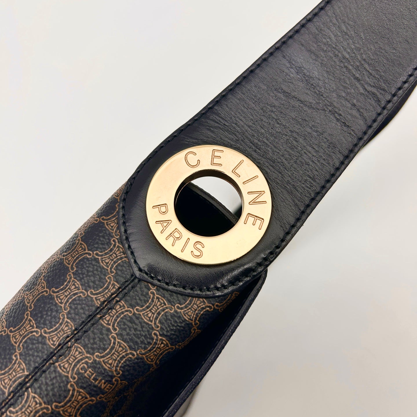 Celine Vintage Black Macadam Canvas Flap Shoulder Bag Gold Ring [Used]