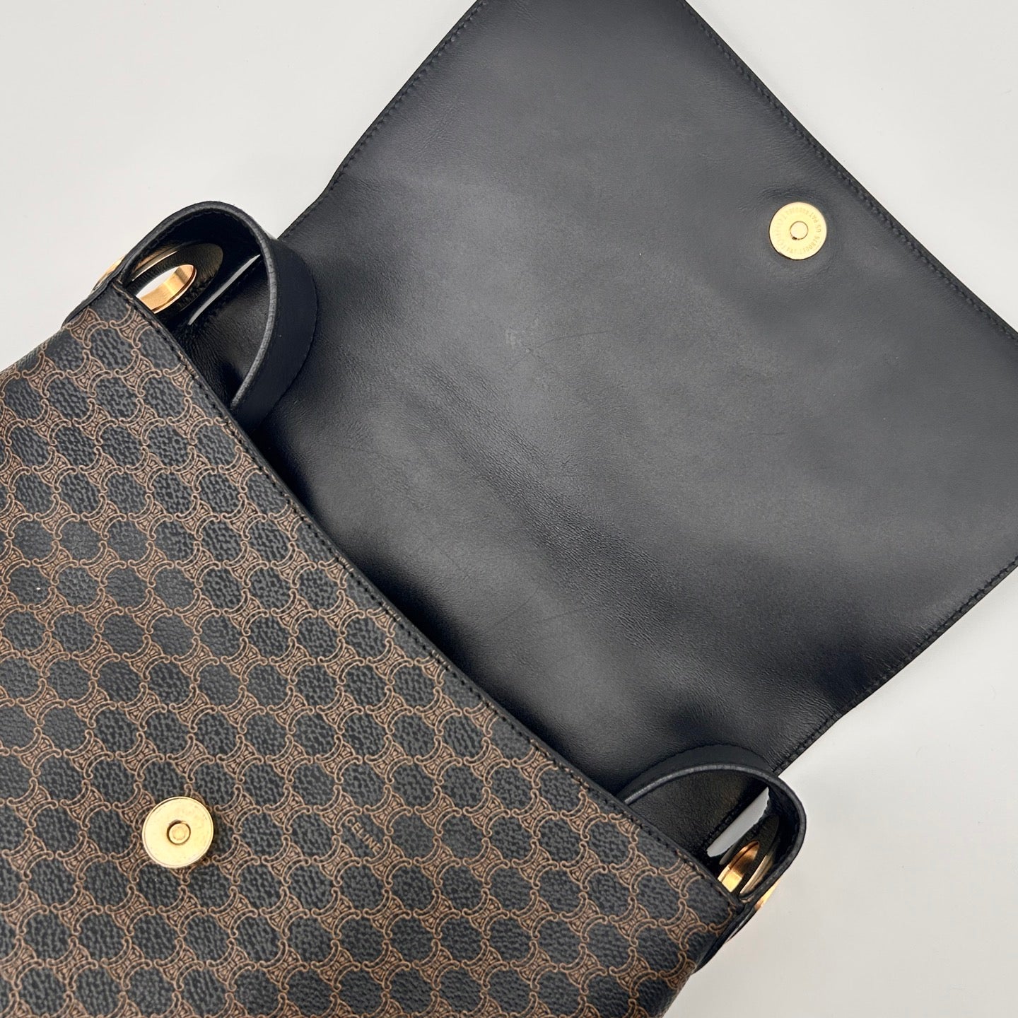 Celine Vintage Black Macadam Canvas Flap Shoulder Bag Gold Ring [Used]