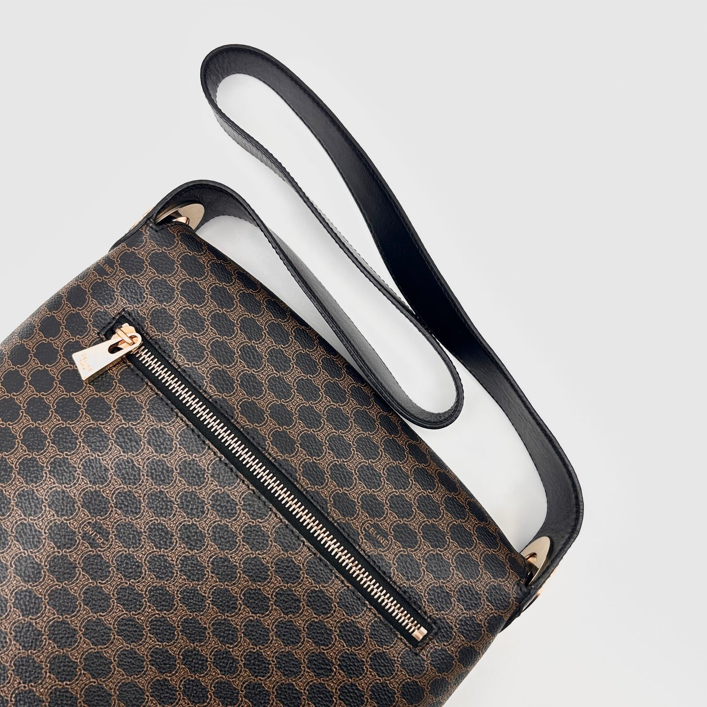 Celine Vintage Black Macadam Canvas Flap Shoulder Bag Gold Ring [Used]