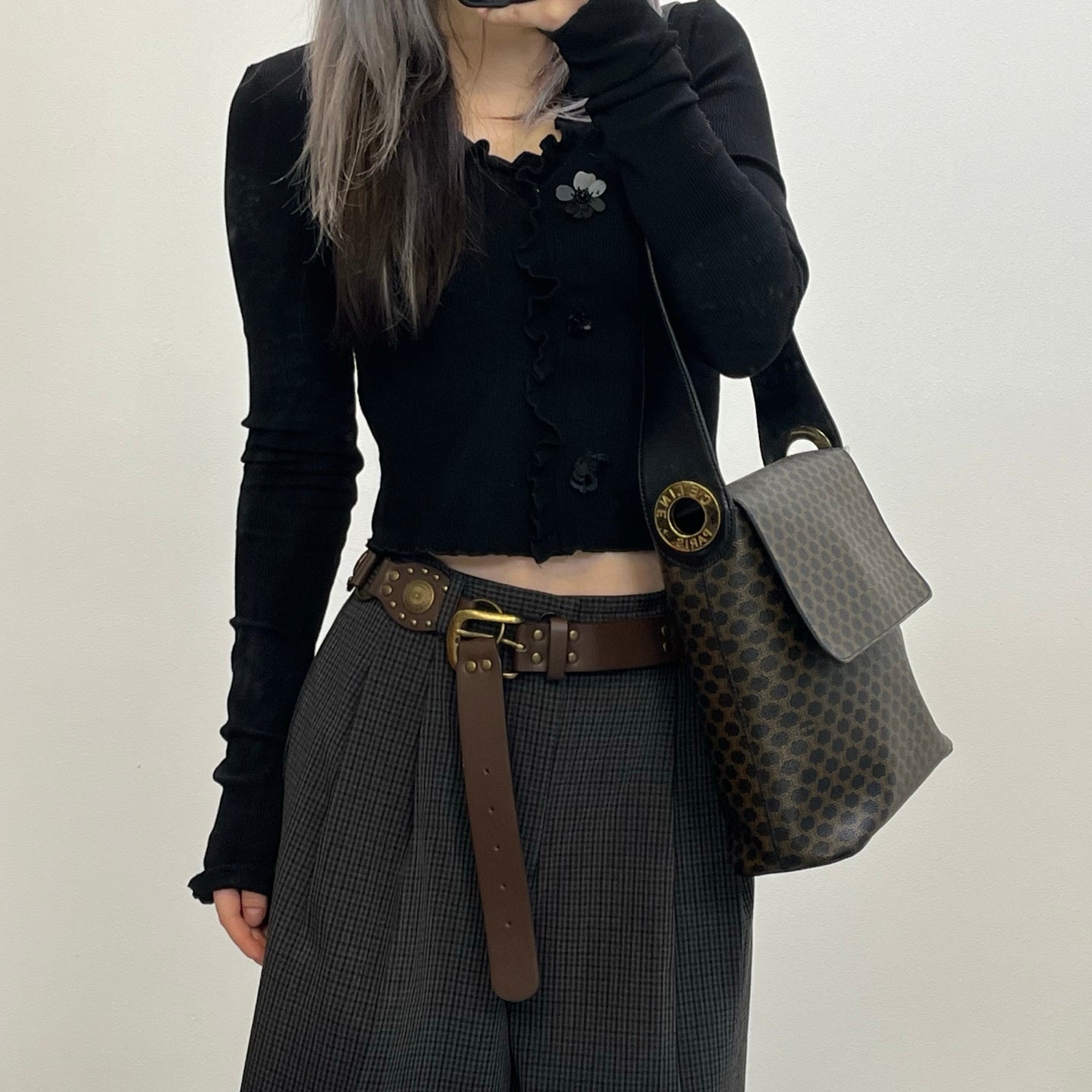 Celine Vintage Black Macadam Canvas Flap Shoulder Bag Gold Ring [Used]