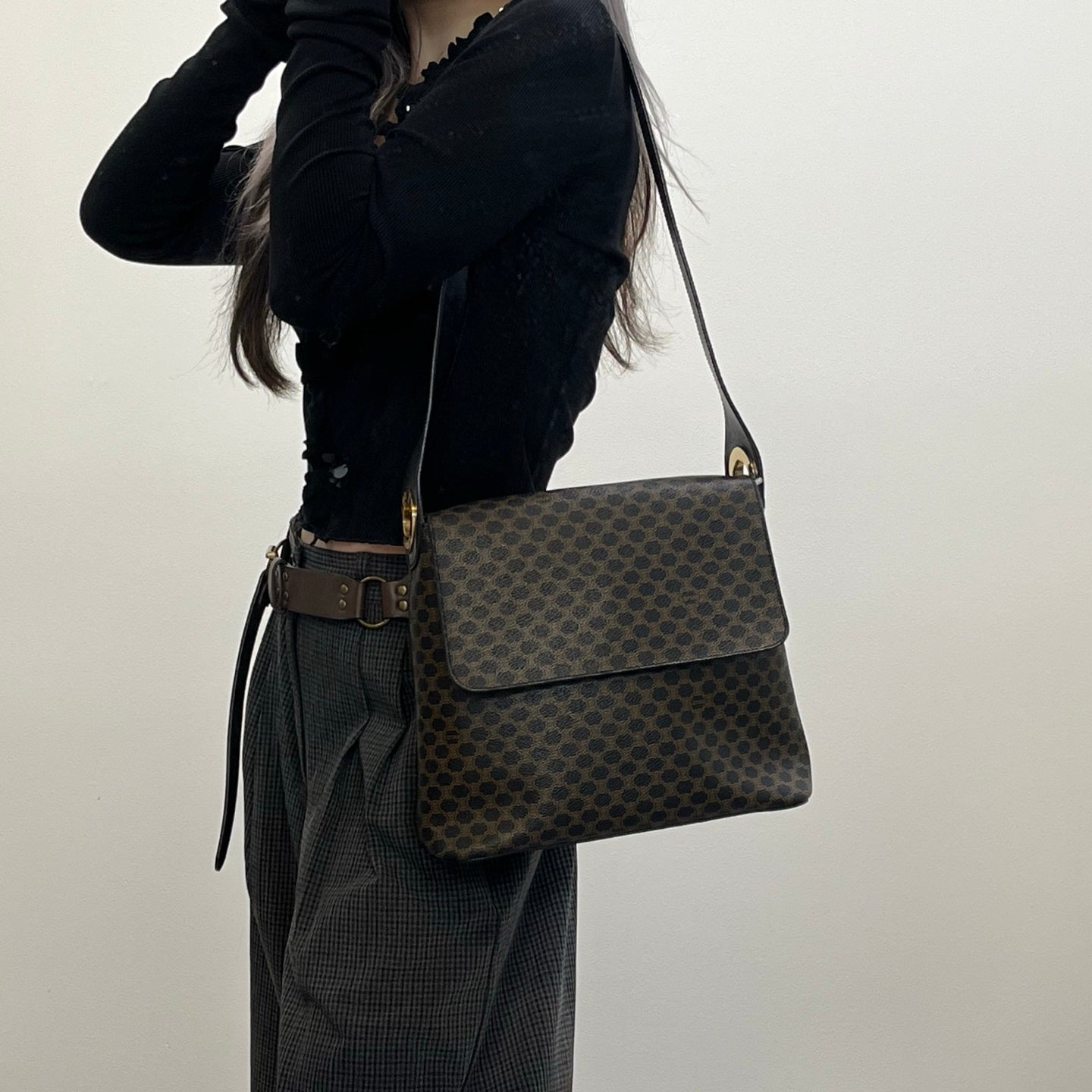 Celine Vintage Black Macadam Canvas Flap Shoulder Bag Gold Ring [Used]