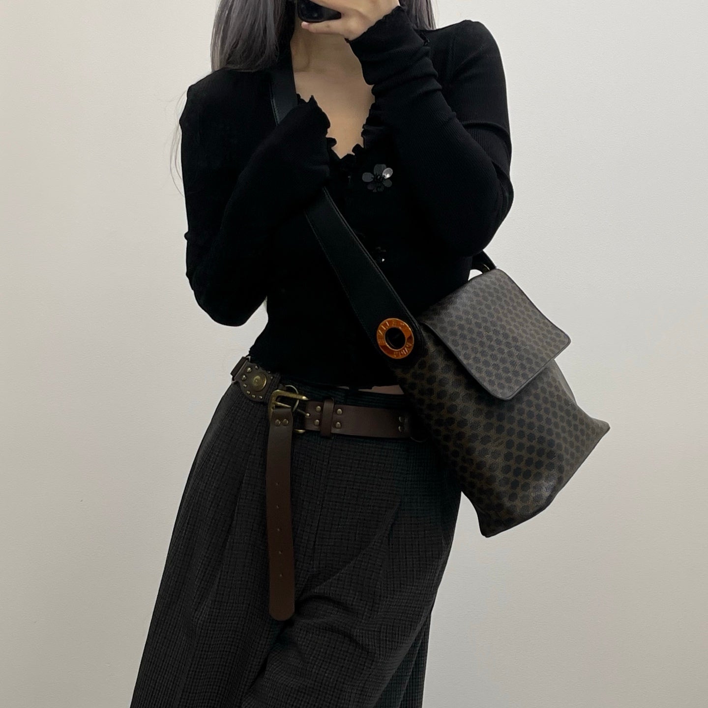 Celine Vintage Black Macadam Canvas Flap Shoulder Bag Gold Ring [Used]