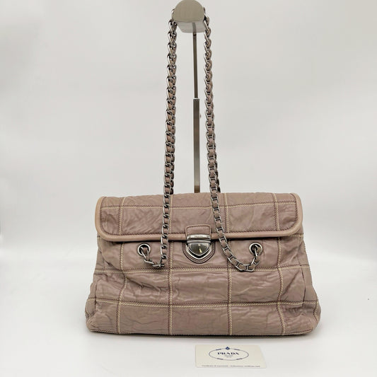 Prada Pink Ruched Leather Chain Tote Bag [Used]