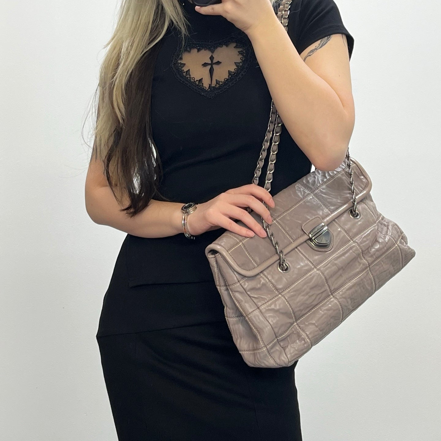 Prada Pink Ruched Leather Chain Tote Bag [Used]
