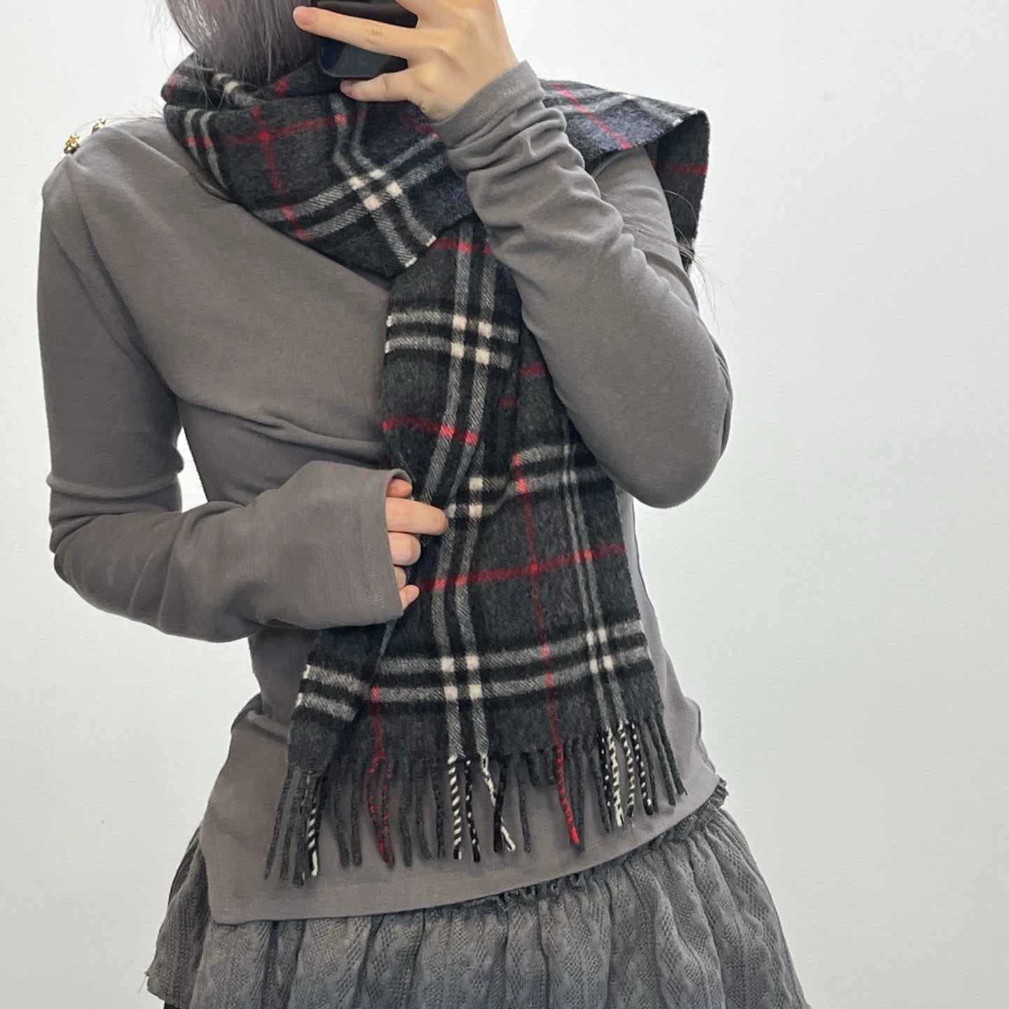 Burberry Grey Classic Check Cashmere Scarf [Used]