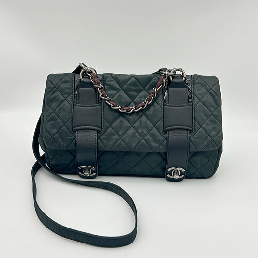 Chanel 2-Way Pearlescent Green Calfskin Messenger Cambridge Bag with Dual Silver Buckles [Used]