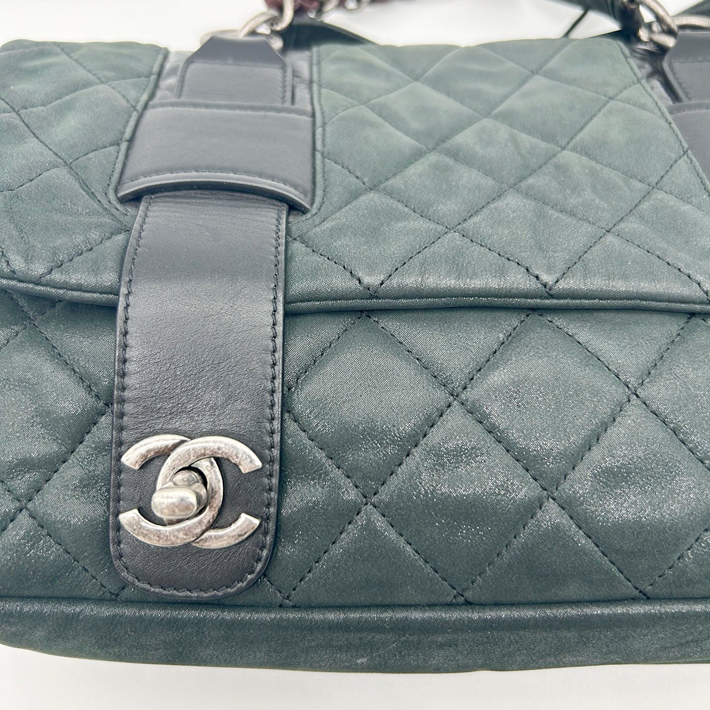 Chanel 2-Way Pearlescent Green Calfskin Messenger Cambridge Bag with Dual Silver Buckles [Used]