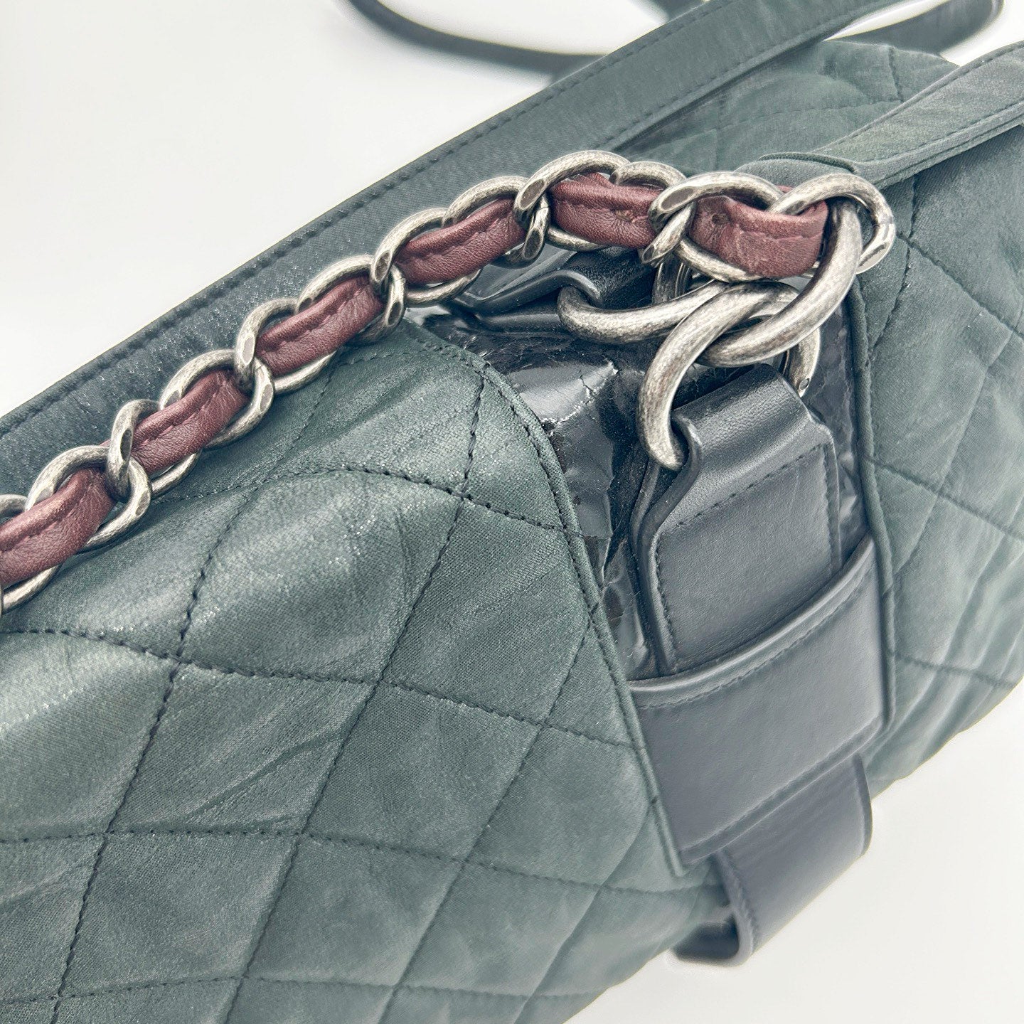 Chanel 2-Way Pearlescent Green Calfskin Messenger Cambridge Bag with Dual Silver Buckles [Used]