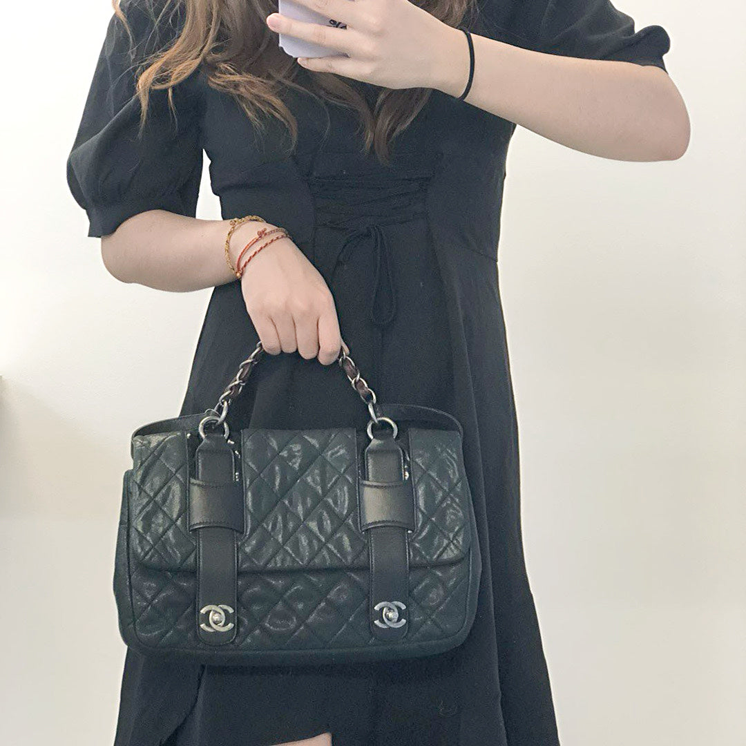 Chanel 2-Way Pearlescent Green Calfskin Messenger Cambridge Bag with Dual Silver Buckles [Used]