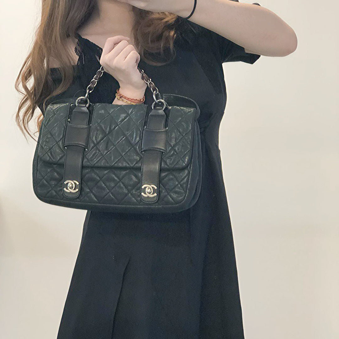 Chanel 2-Way Pearlescent Green Calfskin Messenger Cambridge Bag with Dual Silver Buckles [Used]