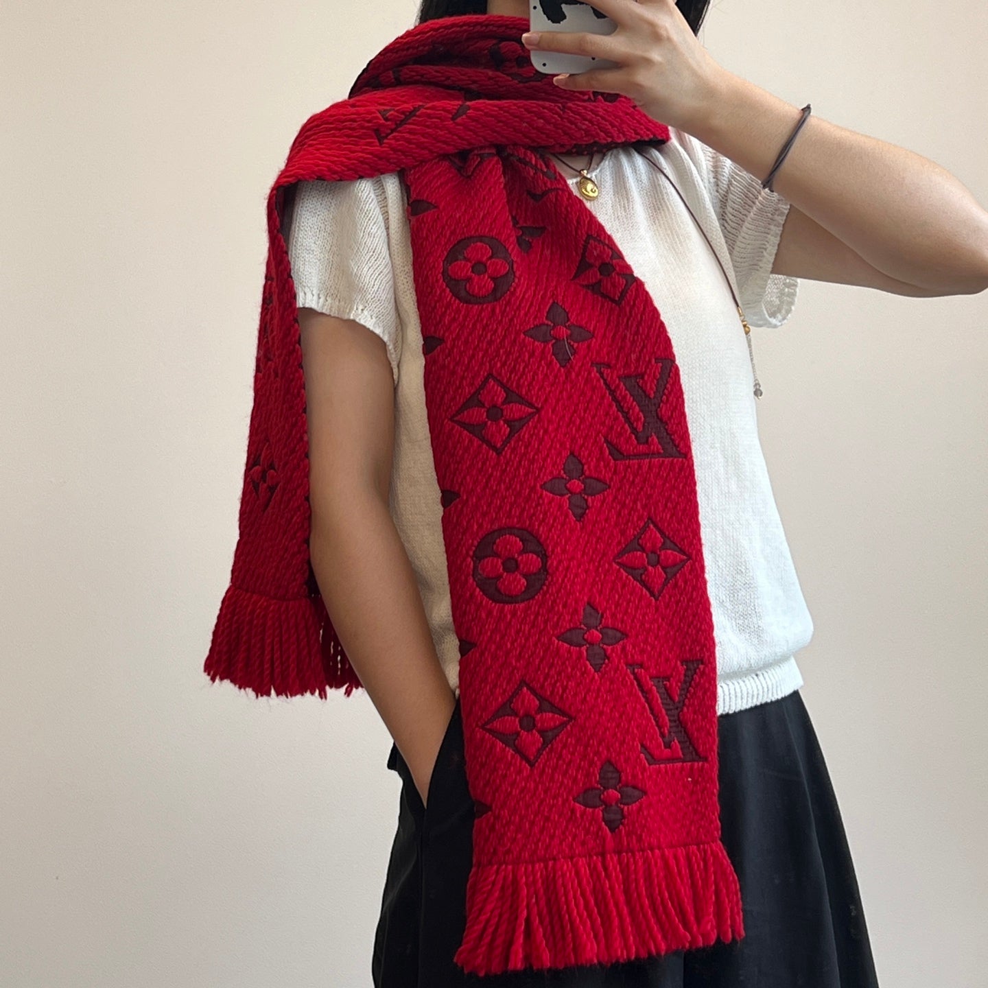 Louis Vuitton Monogram Red Wool Scarf Shawl [Used]