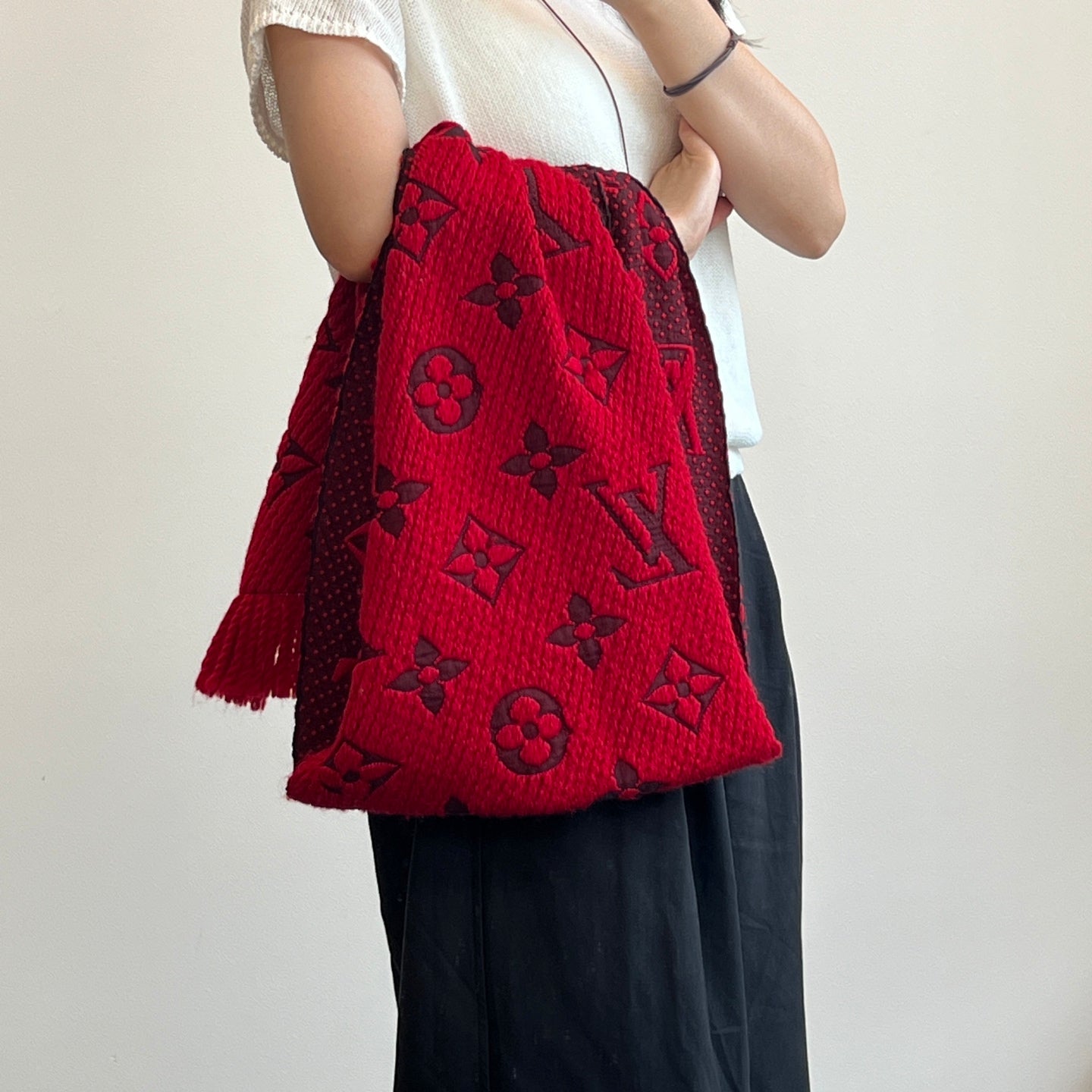 Louis Vuitton Monogram Red Wool Scarf Shawl [Used]