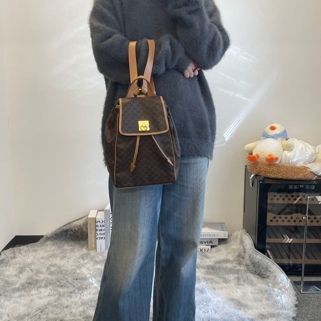 Celine Vintage Macadam Canvas Flap Backpack Brown [Used]