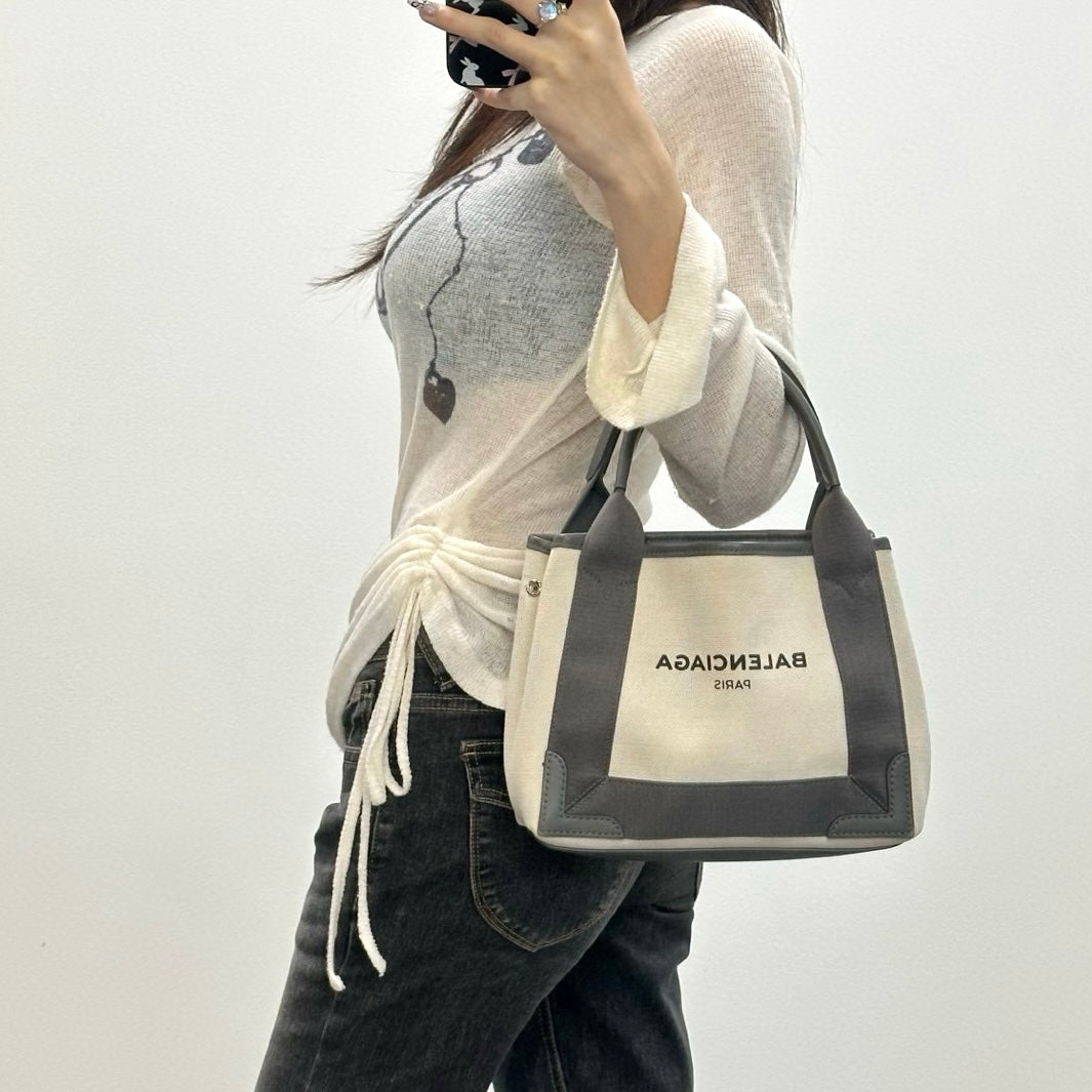 Balenciaga Cabas XS Canvas Tote Bag Gray / White with Pouch [Used]