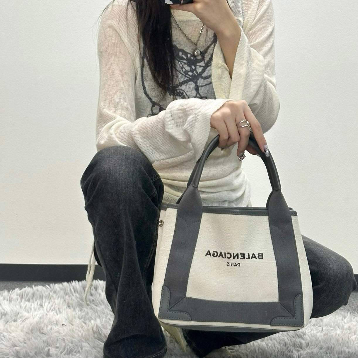 Balenciaga Cabas XS Canvas Tote Bag Gray / White with Pouch [Used]