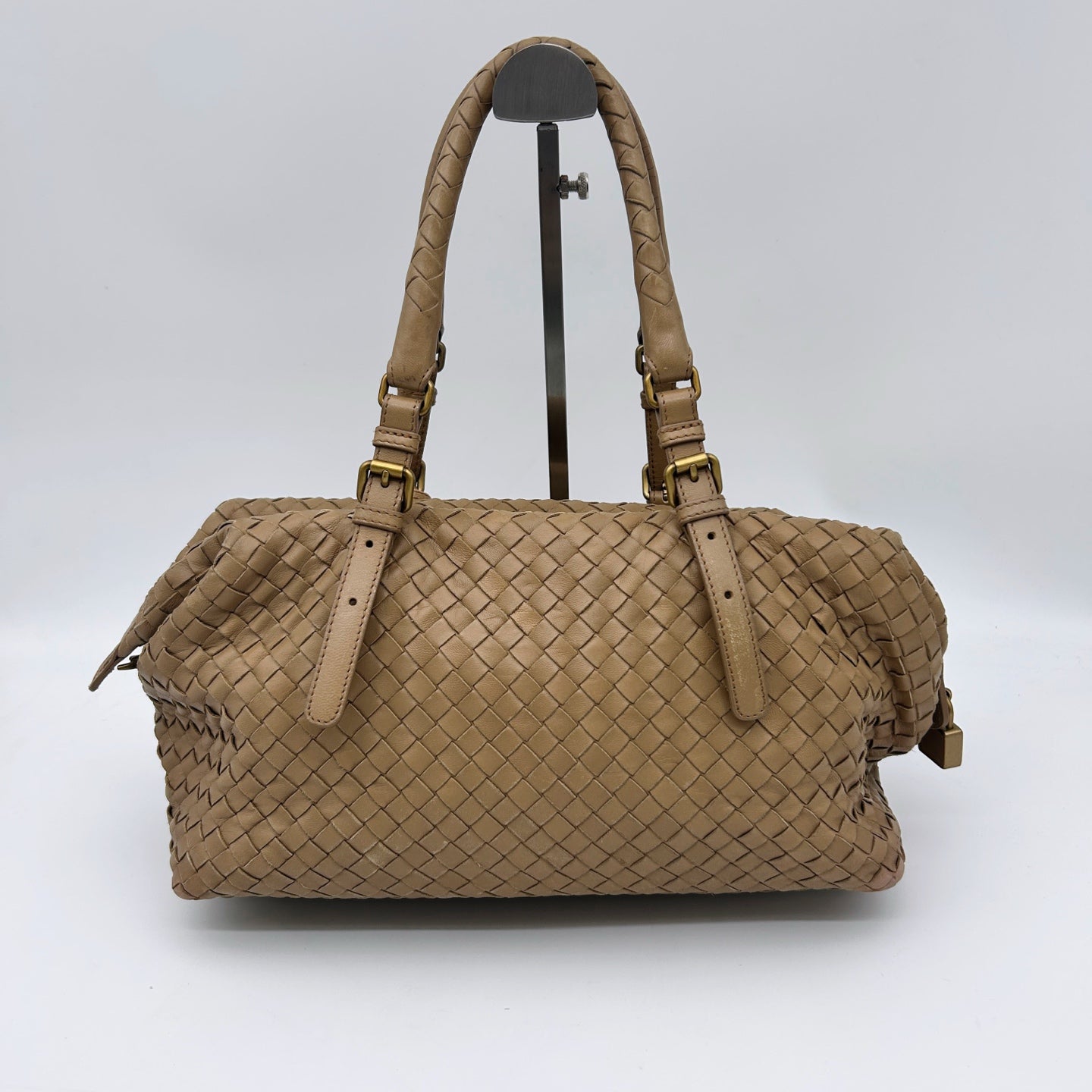 Bottega Veneta Beige Intrecciato Small Boston Top Handle Bag [Used]