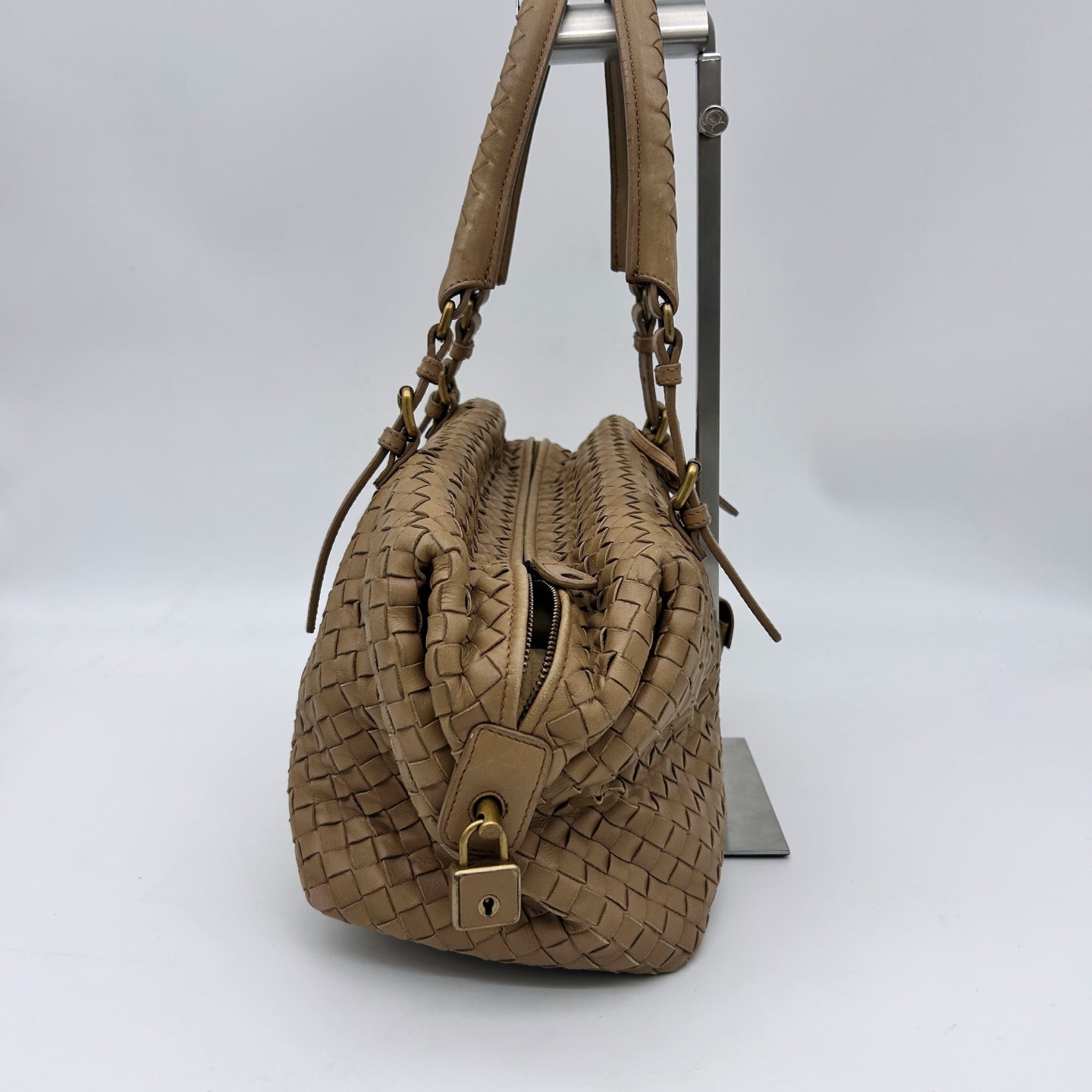 Bottega Veneta Beige Intrecciato Small Boston Top Handle Bag [Used]