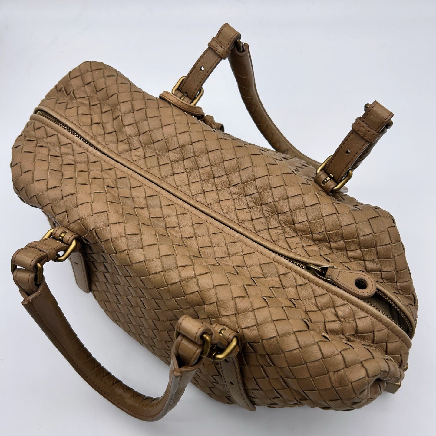 Bottega Veneta Beige Intrecciato Small Boston Top Handle Bag [Used]