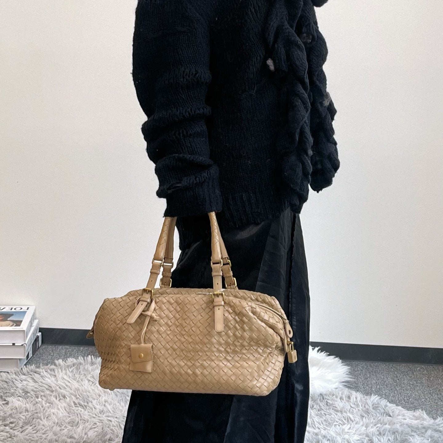 Bottega Veneta Beige Intrecciato Small Boston Top Handle Bag [Used]
