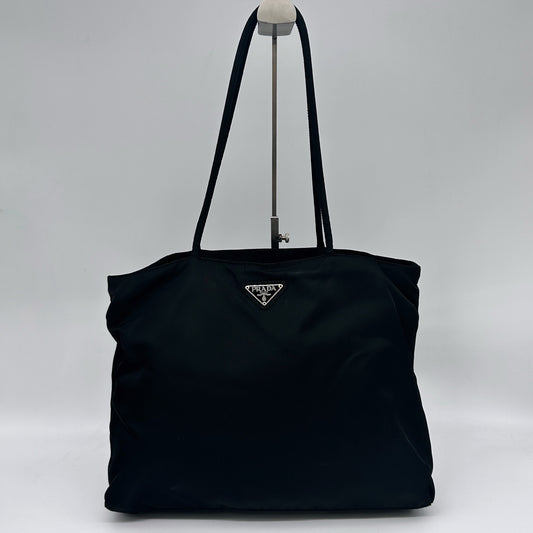 Prada Black Nylon Tote Bag Silver Logo Plate [Used]