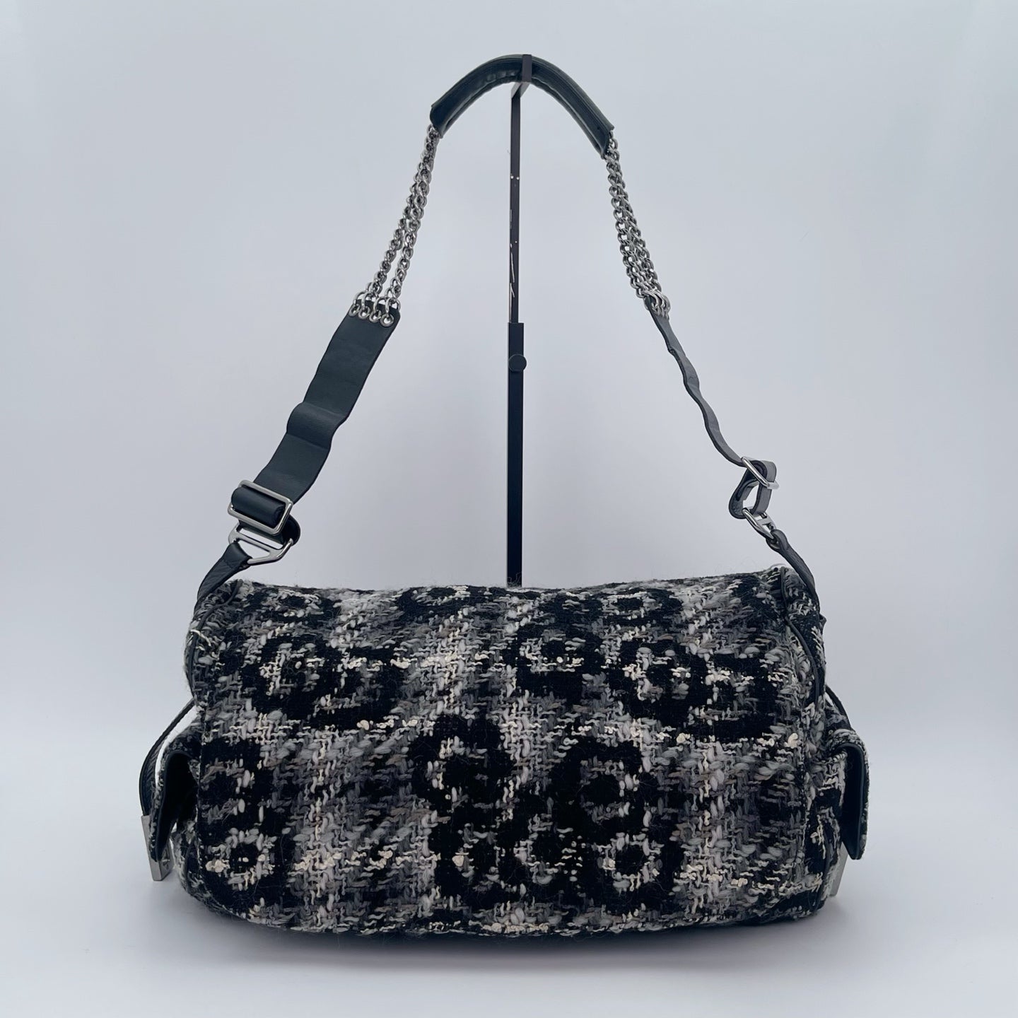 Chanel 2.55 Black & White Floral Tweed Leather Chain Shoulder Bag [Used]