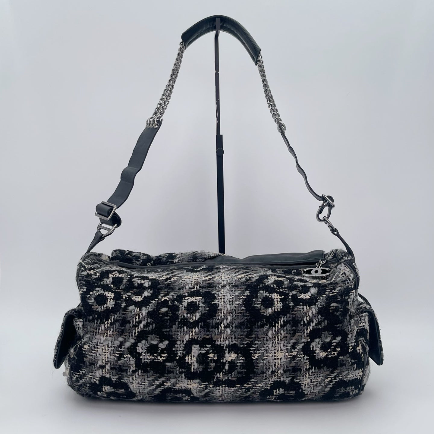 Chanel 2.55 Black & White Floral Tweed Leather Chain Shoulder Bag [Used]