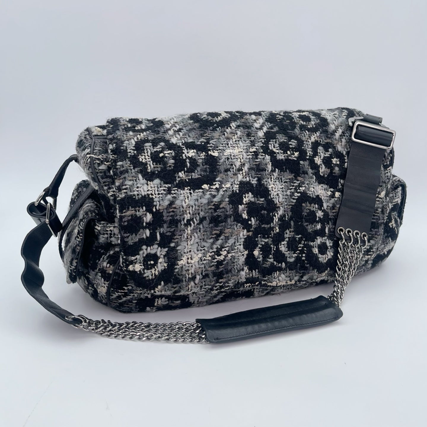 Chanel 2.55 Black & White Floral Tweed Leather Chain Shoulder Bag [Used]