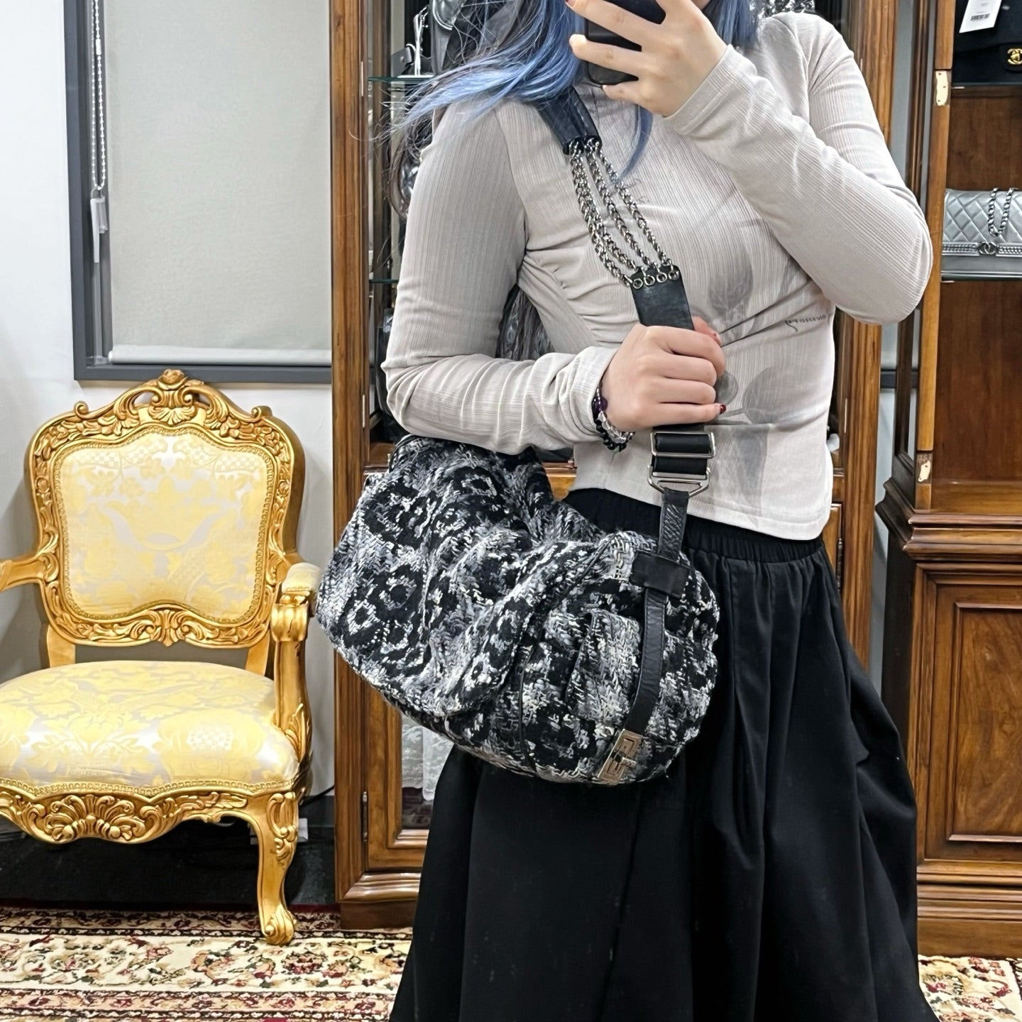 Chanel 2.55 Black & White Floral Tweed Leather Chain Shoulder Bag [Used]