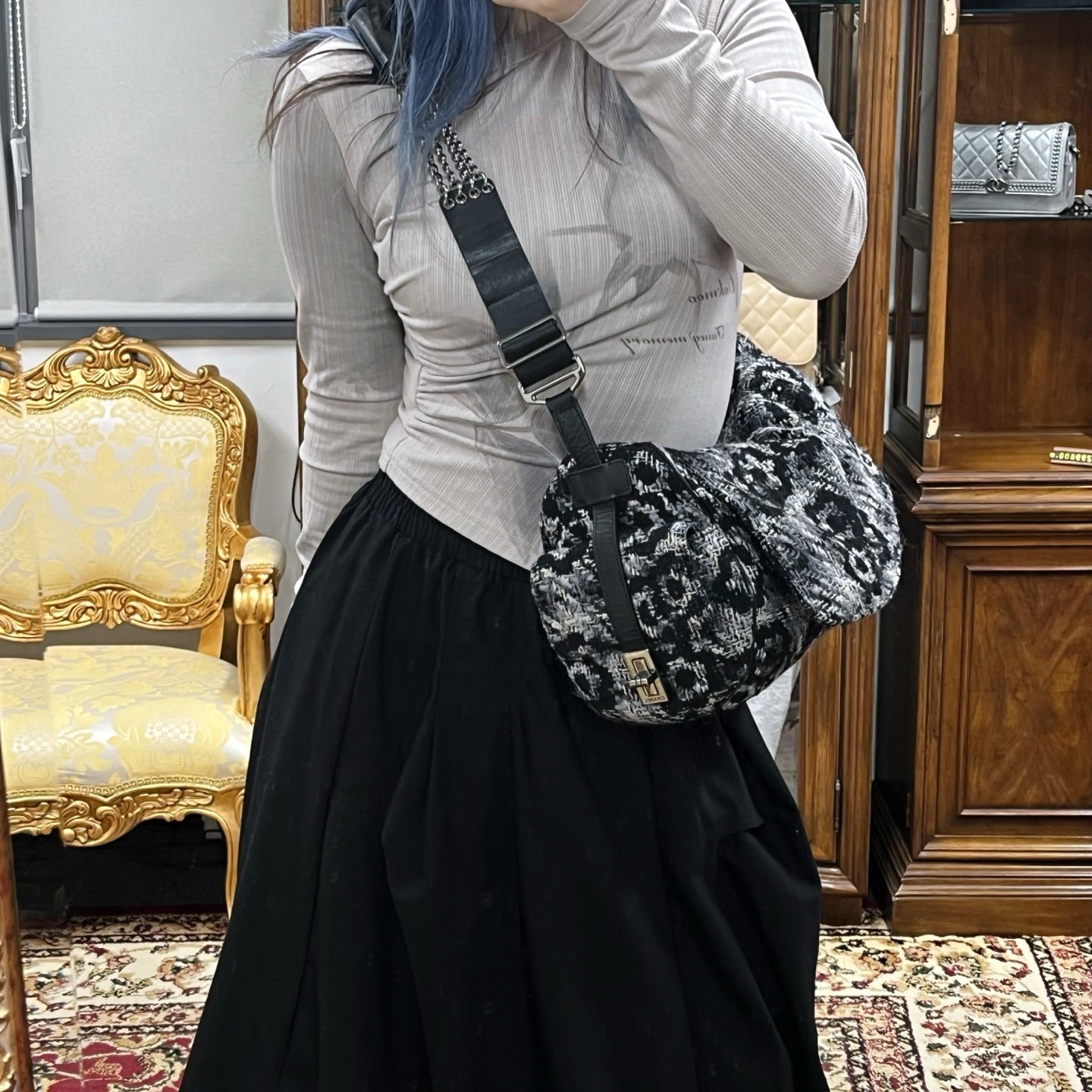 Chanel 2.55 Black & White Floral Tweed Leather Chain Shoulder Bag [Used]