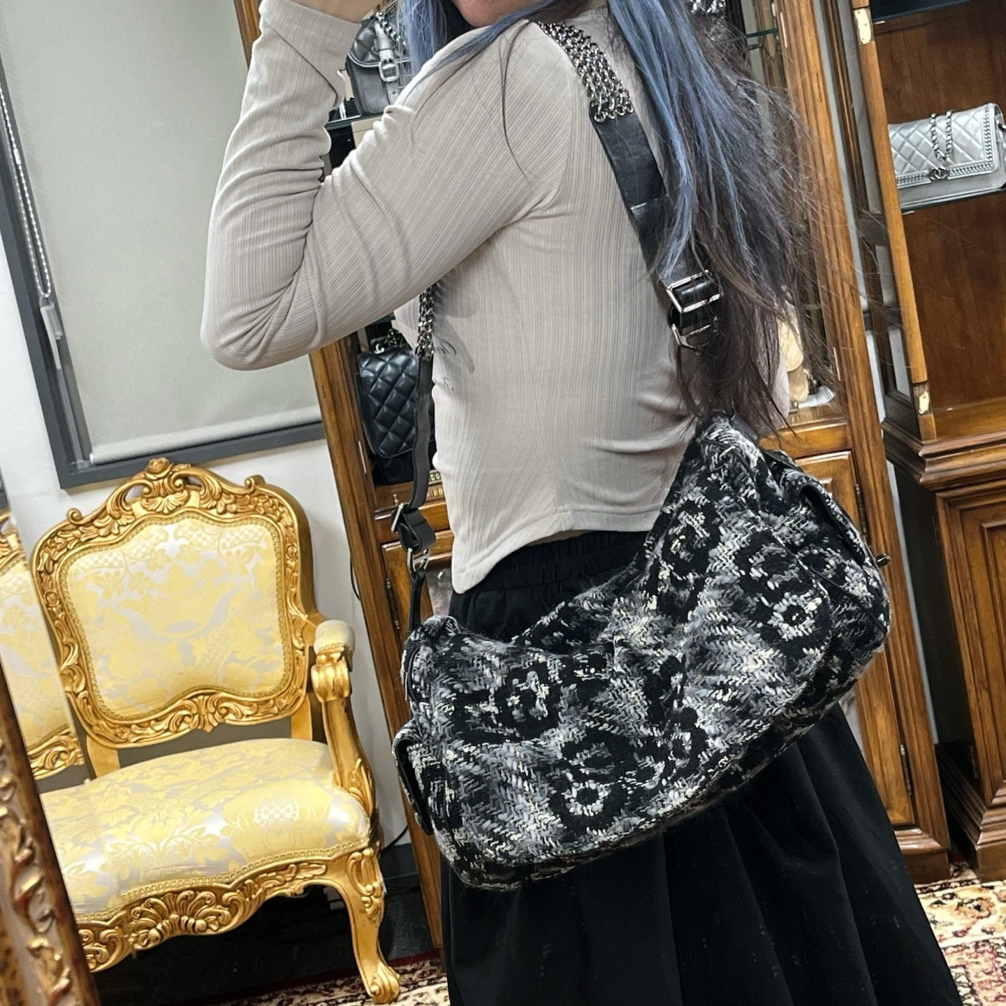 Chanel 2.55 Black & White Floral Tweed Leather Chain Shoulder Bag [Used]