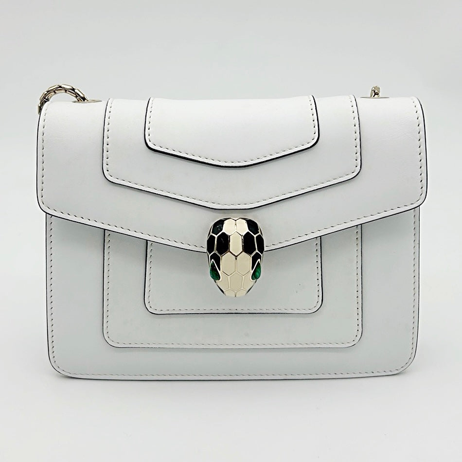 Bvlgari White Serpenti Forever Enamel Snakehead Flap Shoulder Bag [Used]