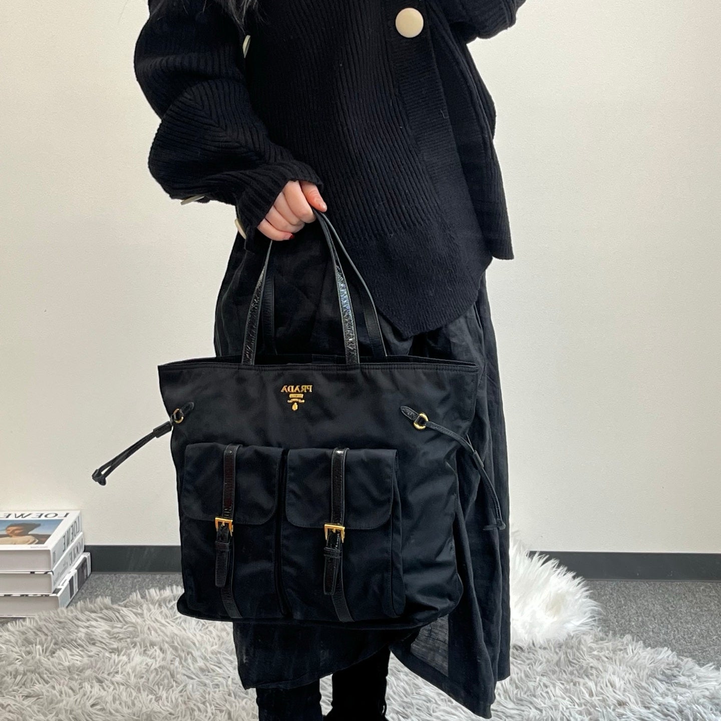 Prada Black Nylon Pocket Tote Handbag [Used]