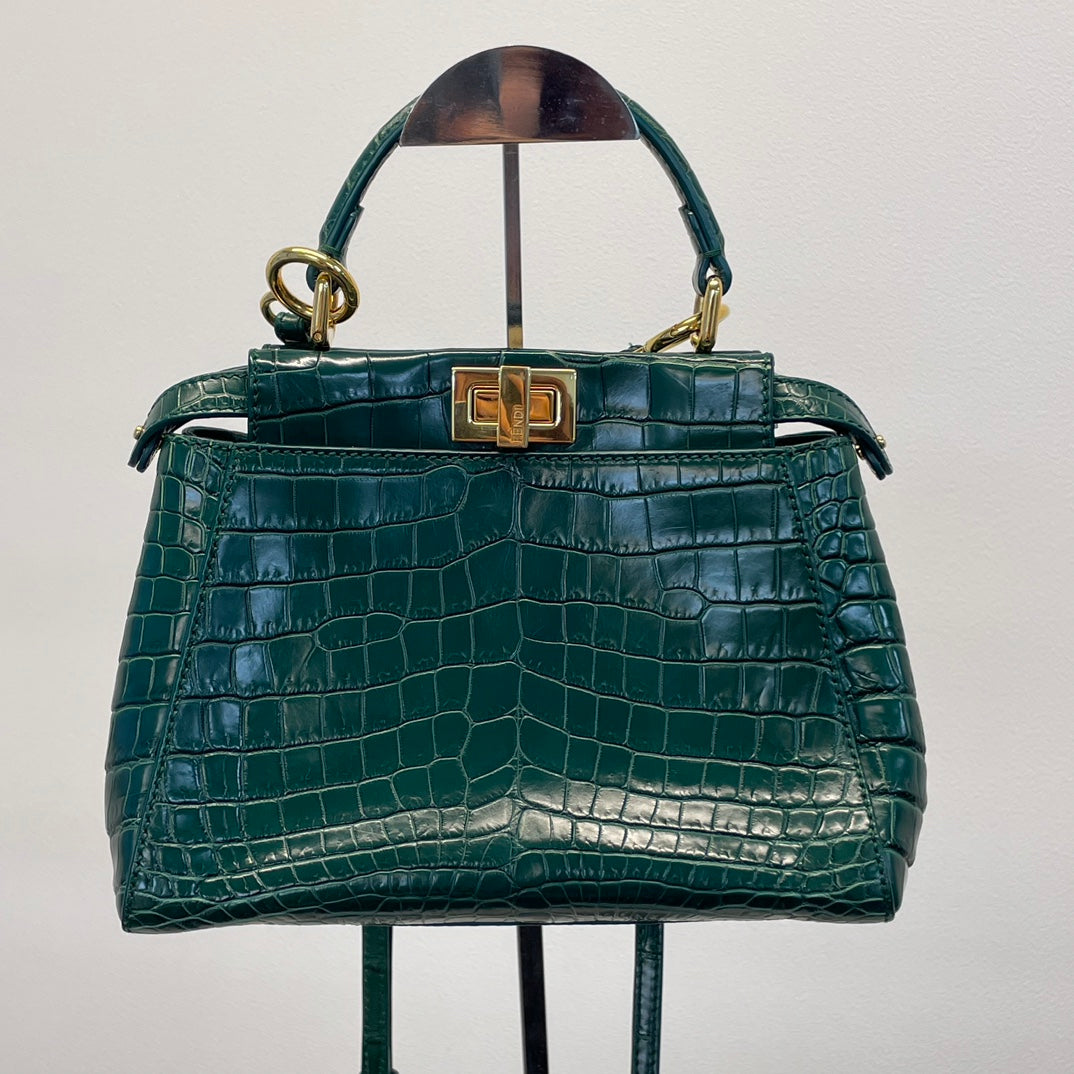Fendi Peekaboo Dark Green Crocodile Leather 2Way Handbag [Used]